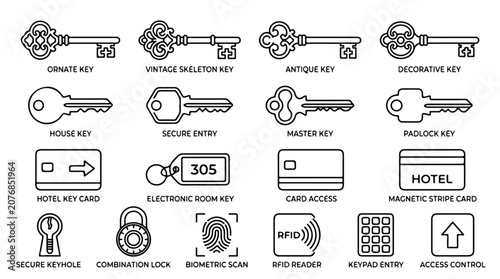 Collection of various keys and keycards for secure access and entry systems