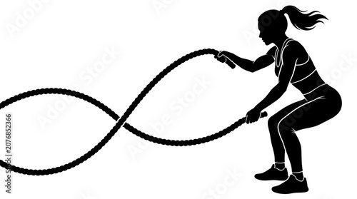 Solid black vector silhouettes of a woman using battle ropes in a half-squat position, creating waves with the ropes; isolated on a pure white, transparent background.