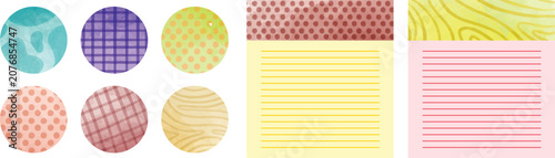 Creative stationery design kit containing patterned circular stickers and colorful lined memo note templates in pastel colors.