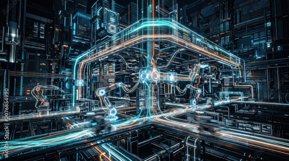 Fototapeta premium High-Tech Futuristic Automated Industrial Factory Assembly Floor