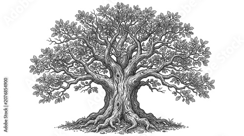 Magnificent Oak Tree Illustration - Vintage Style, Detailed Branches and Roots