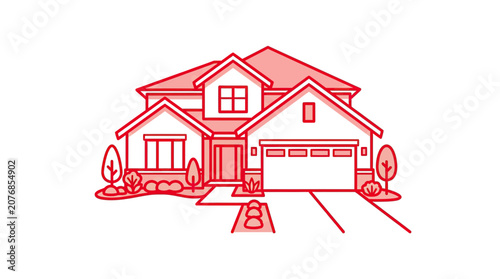 Modern Red Line Art House Exterior with Garage and Landscaping