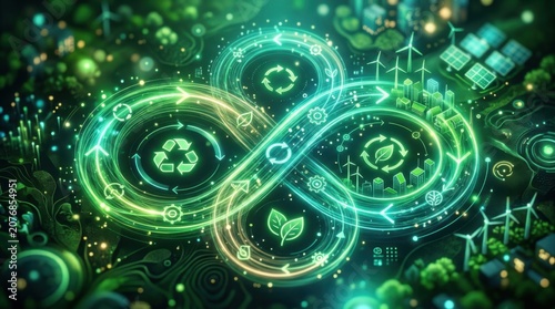 Glowing Green Infinity Loop with Recycling and Renewable Energy Symbols