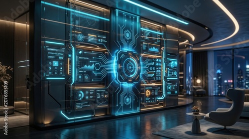 Luxury Futuristic Smart Apartment with Holographic Control Interface Wall