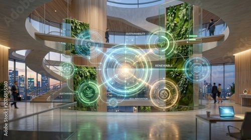 Modern Office Atrium with Holographic Sustainability Tech and Vertical Gardens