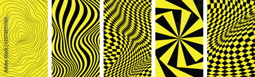 Obraz na płótnie Collection of vibrant yellow and black abstract banners featuring hypnotic optical illusions, wavy lines, and warped checkerboard patterns