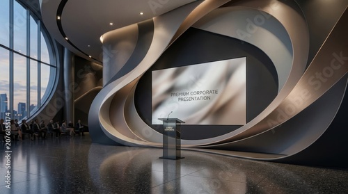 Modern Premium Corporate Presentation Space with Curved Metallic Stage