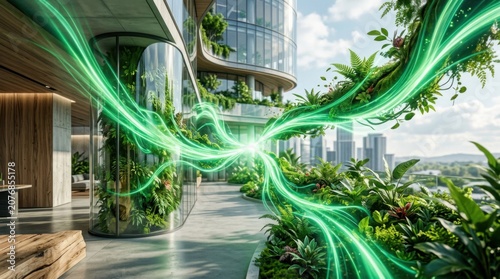 Modern Rooftop Biophilic Garden with Glowing Green Energy Streams