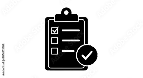 Minimal black silhouette icon, simple flat vector, bold black shape, no gradients, no shading checklist icon with a checkmark symbol on a clipboard on a, flat icon style