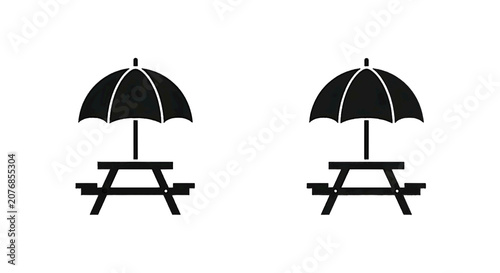 Minimal black silhouette icon, simple flat vector, bold black shape, no gradients, no shading picnic table with umbrella icon, outdoor seating for park or garden on a, flat icon style