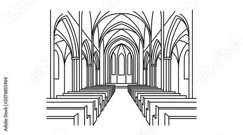 Tableau sur toile Gothic Church Interior Line Art: Nave, Arches, Pews, Stained Glass Window