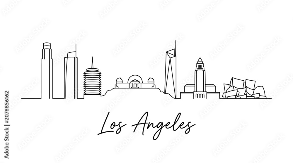Fototapeta premium Minimalist Line Drawing of Los Angeles Skyline Featuring Iconic Buildings and Landmarks in Elegant Monochrome Style