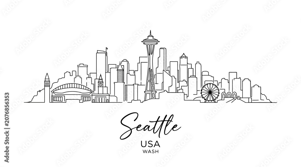 Fototapeta premium Minimalist Line Art Illustration of Seattle Skyline Featuring Iconic Landmarks and Cityscape Elements