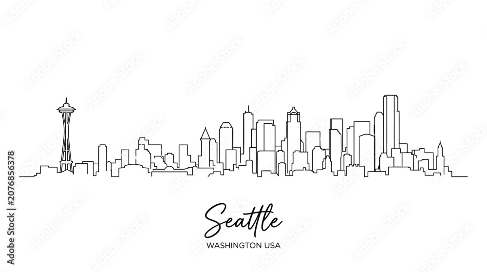 Fototapeta premium Minimalistic Line Art Illustration of Seattle Skyline Featuring Iconic Landmarks and Urban Landscape Elements