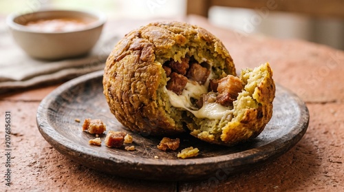 Traditional Ecuadorian Bolon de Verde on Wooden Plate