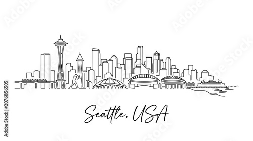 Minimalist Line Drawing of Seattle's City Skyline Featuring Iconic Landmarks and Waterfront Scene