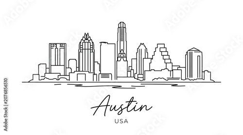 Modern minimalist skyline illustration of Austin Texas featuring iconic city skyscrapers and landmarks in a clean line art style