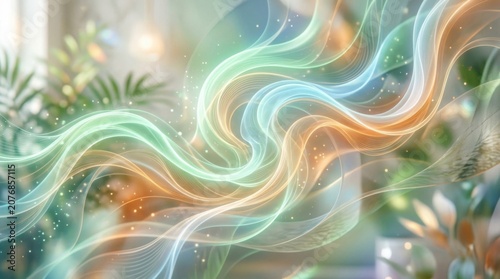 Ethereal Glowing Swirling Lines with Sparkles and Blurred Botanical Background