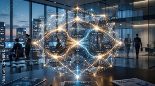 Futuristic Holographic Risk Management Interface in Corporate Office