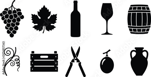 Valokuva Winery production and wine harvest black silhouette icons set featuring grapes b