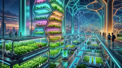 Futuristic Indoor Vertical Hydroponic Farm with Neon Lighting