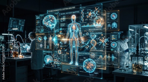 Futuristic Medical Diagnostics Hologram Interface in Research Lab