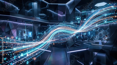Futuristic Medical Technology Lab with Glowing Digital Data Flows
