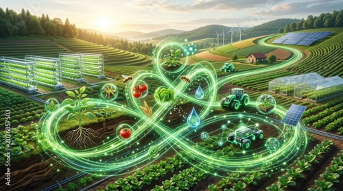 Futuristic Smart Agricultural Farm Landscape with Sustainable Tech