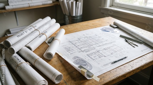 Photography Architectural blueprints and tools on a wooden desk in a office