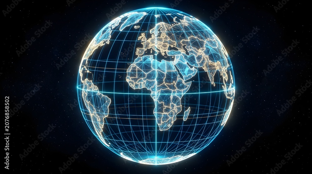 Fototapeta premium Globe with glowing blue grid lines on a starry dark background