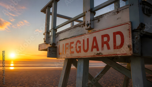 Close up of a rustic lifeguard tower sign on a sandy beach at sunrise