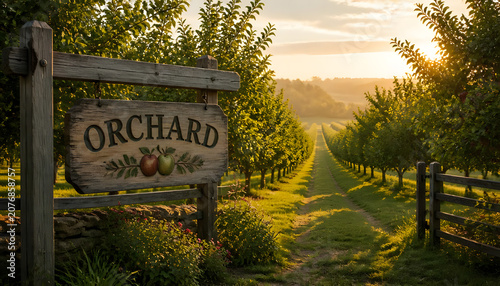 Vintage wooden orchard sign at the entrance of an apple tree farm during sunset