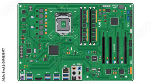 Computer motherboard architecture diagram with labeled components