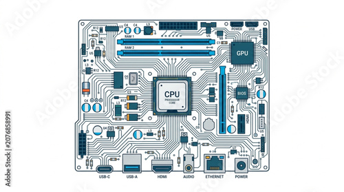 Computer motherboard architecture diagram with labeled components