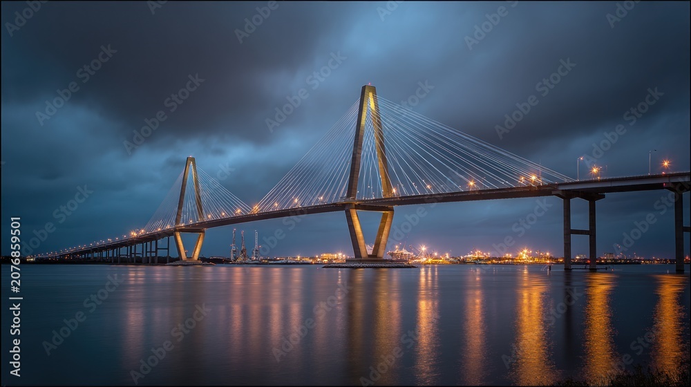 Fototapeta premium Suspension bridge over water at dusk