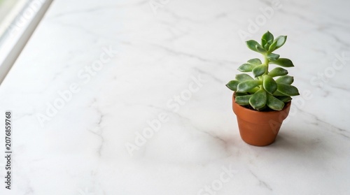 Minimalist Small Succulent Plant in Terracotta Pot on White Marble Surface