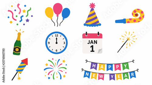 Fényképezés Colorful New Year Celebration Party Icons Set.