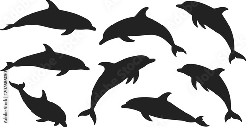Foto Collection of eight black dolphin silhouettes in various dynamic swimming and le