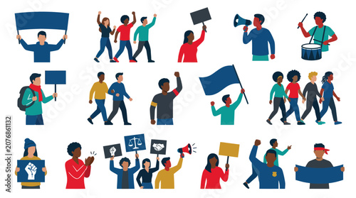 Flat Vector Illustration: Diverse Protestors and Activists Demonstrating for Social Justice, Human Rights.