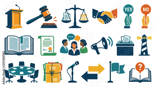 Flat Design Icons Set: Law, Justice, Government, and Politics Symbols for Democracy  Civic Engagement