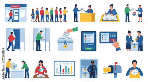 Flat Vector Illustrations of Election Day, Voting Process, and Government Democracy Icons Set