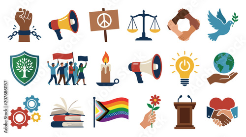Human Rights, Social Justice  Activism Flat Vector Icons Collection - Community, Peace  Equality Symbols