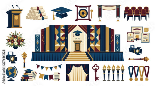 Flat Vector Education Graduation Ceremony Elements Set: Stage, Diplomas, Awards and Academic Icons