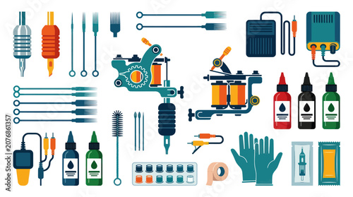 Tattoo Machine Equipment, Supplies, and Accessories Flat Design Icons