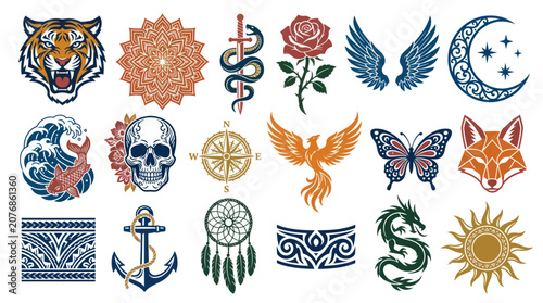 Tattoo Flash Set: Mystical Creatures, Animals, Symbols, and Ornate Designs - Vector Art