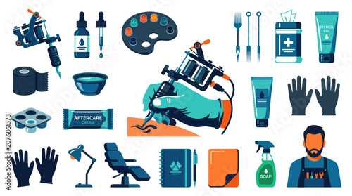 Tattoo Studio Equipment and Supplies Flat Vector Icons Set