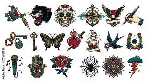 Neo-Traditional Tattoo Flash Sheet: Animals, Objects, Symbols