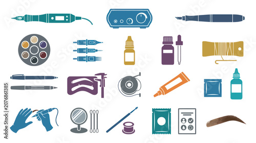 Permanent Makeup and Microblading Tools Flat Design Icons Set. Cosmetic Tattooing Equipment and Supplies Glyphs.