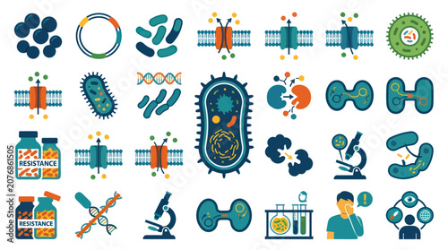 Flat Vector Icons Set: Microbiology, Bacteria, Antibiotic Resistance, DNA, and Medical Science Concepts