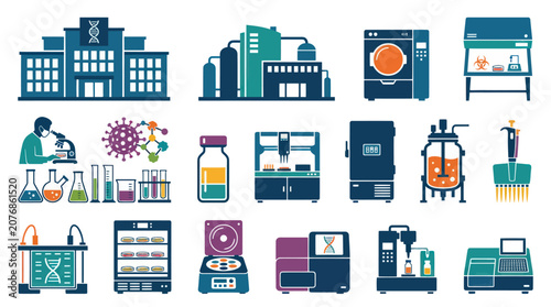 Biotechnology Lab Equipment and Science Icons - Flat Vector Art